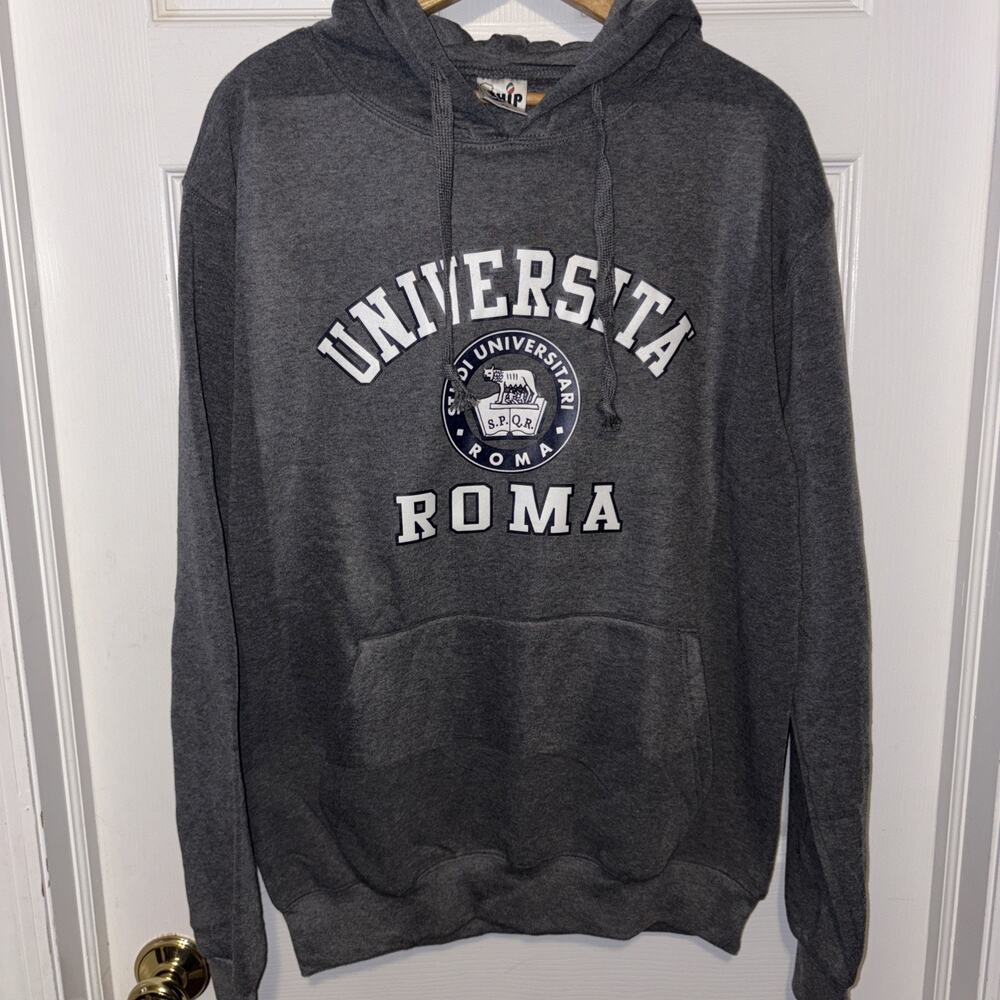 UNIVERSITA ROMA Collegiate Hoodie Mens XL Gray Fleece Pullover Sweatshirt Italy